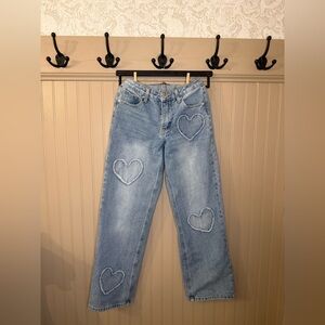 Cali1850 Light Blue Heart Embroidered Straight Leg Denim Jeans for Women Sz 5